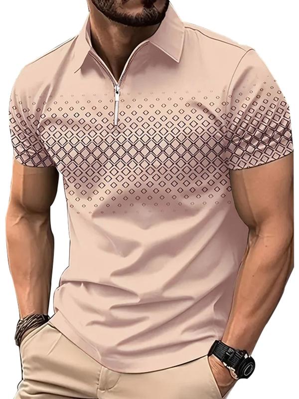 Men's Regular Fit Geometric Print Zipper Polo Shirt, Casual Short Sleeve Collared Top for Summer, Fashion Men's Clothes for Daily Wear