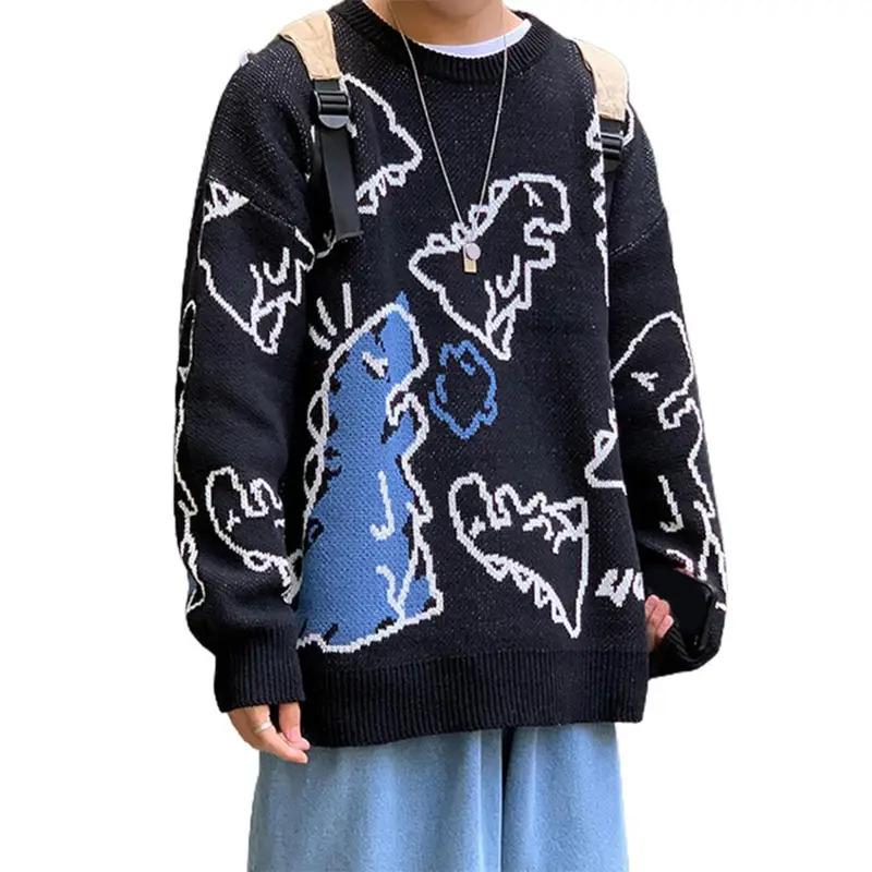 Cartoon Dinosaur Print Autumn Sweater Elastic Round Neck Long Sleeves Couple Sweater Anti-shrink Pullover Warm Knitting Sweater