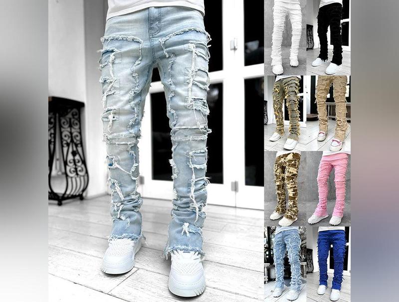 Men Trousers Individual Patched Pants Long Tight Fit Stacked Jeans For Mens Clothing