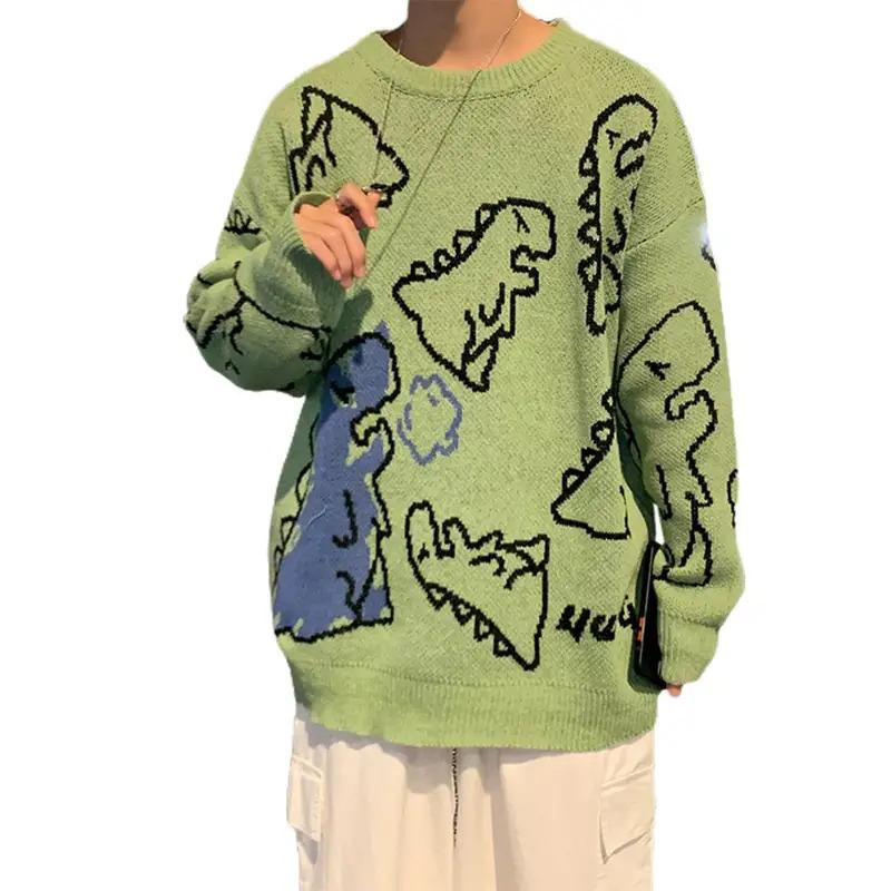 Cartoon Dinosaur Print Autumn Sweater Elastic Round Neck Long Sleeves Couple Sweater Anti-shrink Pullover Warm Knitting Sweater