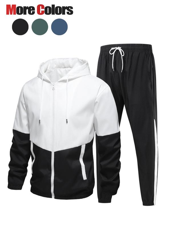 Men's Colorblock Zip Up Hooded Jacket & Drawstring Waist Sweatpants Two-piece Set, Casual Regular Fit Long Sleeve Hooded Outerwear & Jogger Pants for Fall & Winter, Men's Two-piece Outfits for Daily Wear