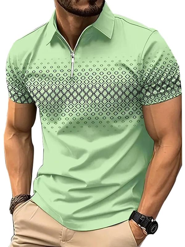 Men's Regular Fit Geometric Print Zipper Polo Shirt, Casual Short Sleeve Collared Top for Summer, Fashion Men's Clothes for Daily Wear