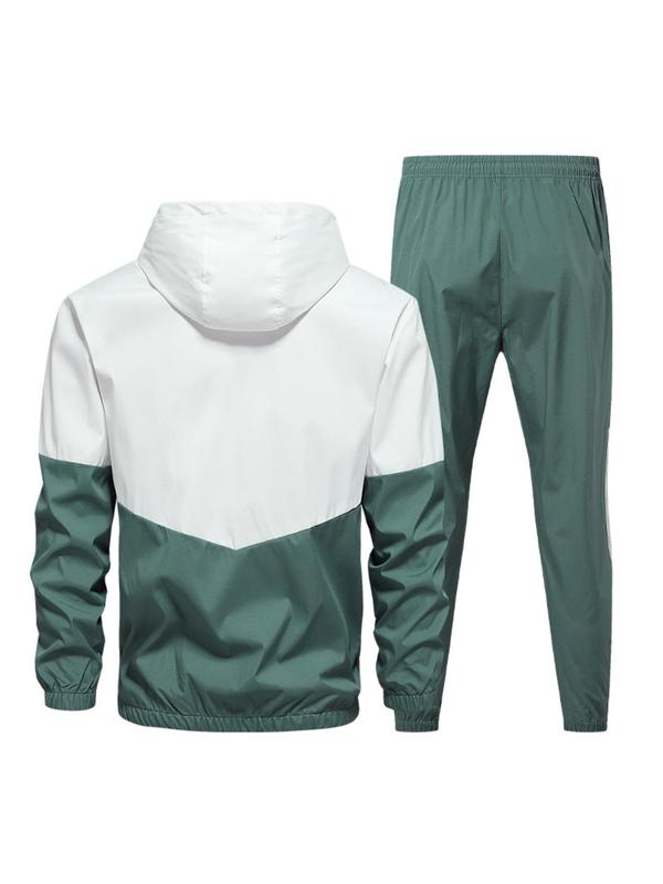 Men's Colorblock Zip Up Hoodie & Drawstring Waist Pants Two-piece Set, Regular Fit Casual Long Sleeve Hooded Sweatshirt & Pocket Trousers, Men's Two-piece Outfits for Outdoor Workout Running