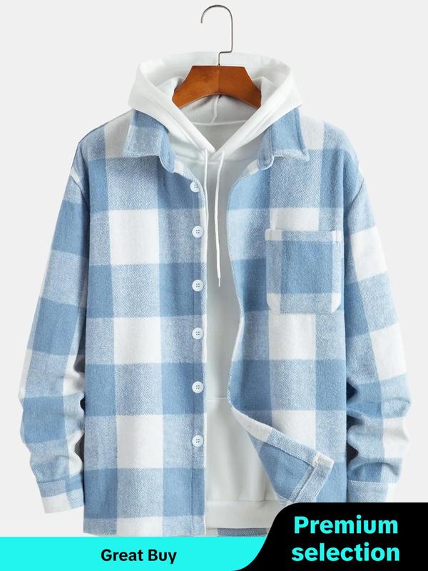 Men's Plaid Print Button Front Winter Jacket, Loose Casual Drop Shoulder Long Sleeve Collar Outerwear for Fall & Winter, Men's Clothes for Daily Wear