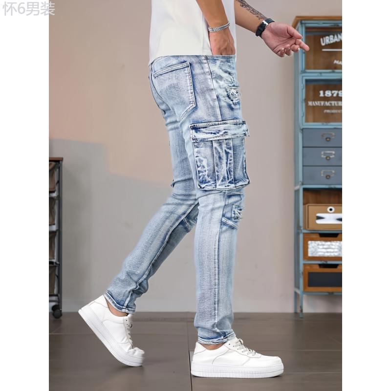 Stylish Men's Skinny Fit Denim Cargo Pants, Leisure Jeans with Multiple Pockets for Casual Wear Menswear Stretch