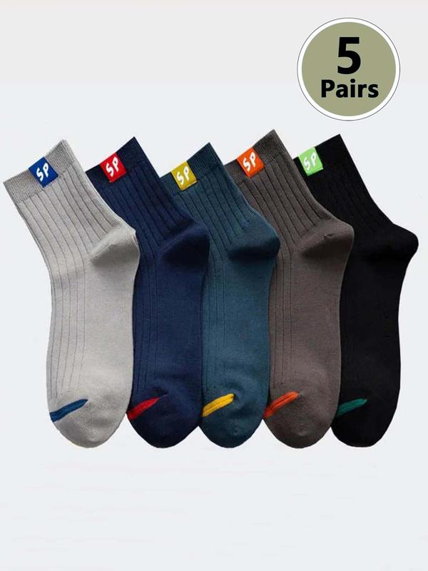 Men's 5 Pairs Letter Print Mid-calf Socks, Comfort Breathable Socks for Men, Multi-pack Mid Tube Knit Crew Socks, Casual Athletic Running Socks, Men's Socks & Hosiery