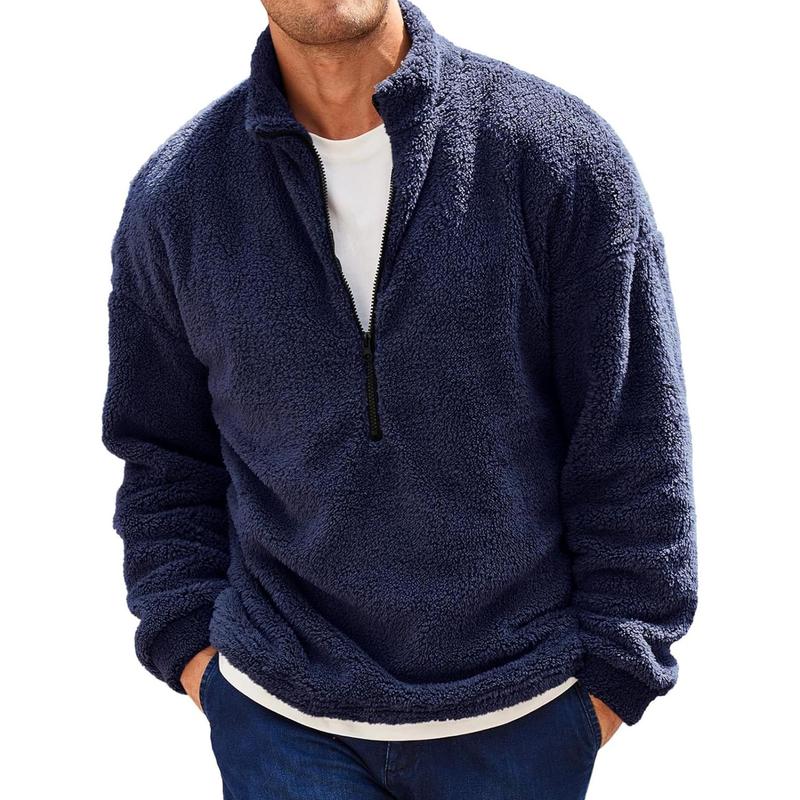 Men's Fleece Quarter Zip Pullover, Mature Style, Polyester Knitted Fabric, Stand Collar, Long Sleeves, High Elasticity, Solid Color, Slim Design, Lined with Lambswool, Suitable for All Seasons