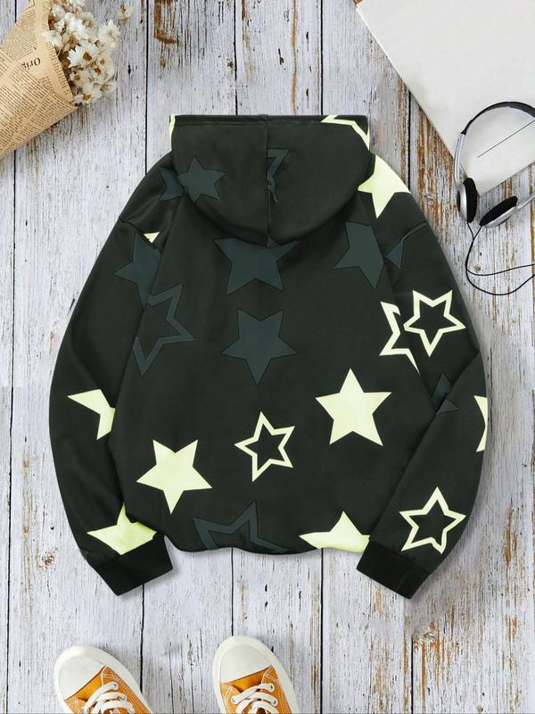 Men's Star & Letter Print Drop Shoulder Zip Up Hooded Jacket, Regular Fit Casual Long Sleeve Drawstring Pocket Hooded Outerwear for Spring & Fall, Fashion Men's Clothes for Daily Wear