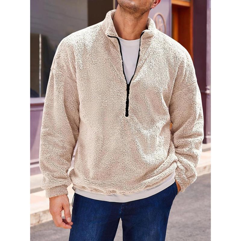 Men's Fleece Quarter Zip Pullover, Mature Style, Polyester Knitted Fabric, Stand Collar, Long Sleeves, High Elasticity, Solid Color, Slim Design, Lined with Lambswool, Suitable for All Seasons