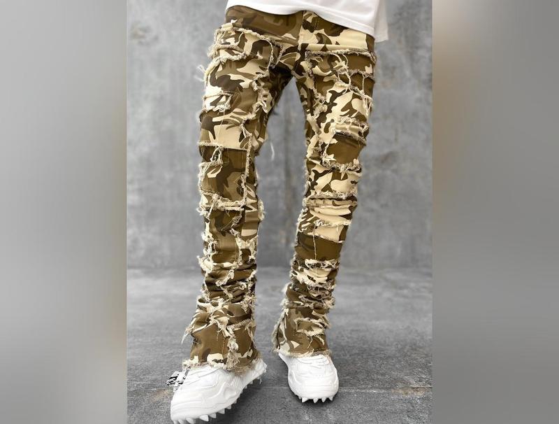 Men Trousers Individual Patched Pants Long Tight Fit Stacked Jeans For Mens Clothing