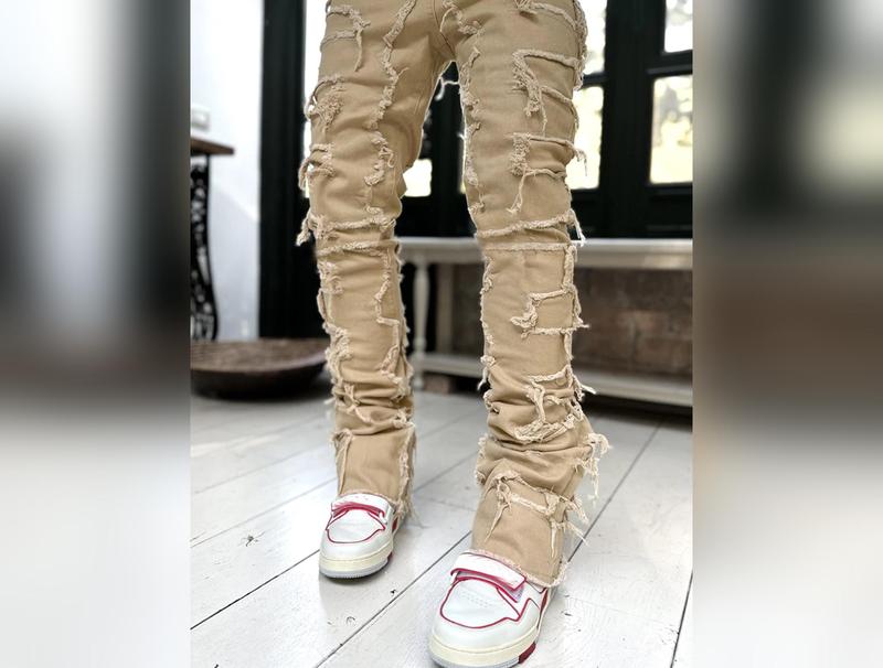 Men Trousers Individual Patched Pants Long Tight Fit Stacked Jeans For Mens Clothing