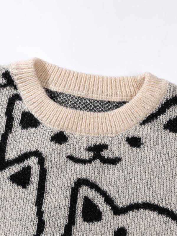 Men's All Over Cat Print Drop Shoulder Sweater, Cute Casual Long Sleeve Round Neck Jumper for Spring & Fall, Fashion Men's Knitwear Tops for Daily Wear, Winter Sweater for Men