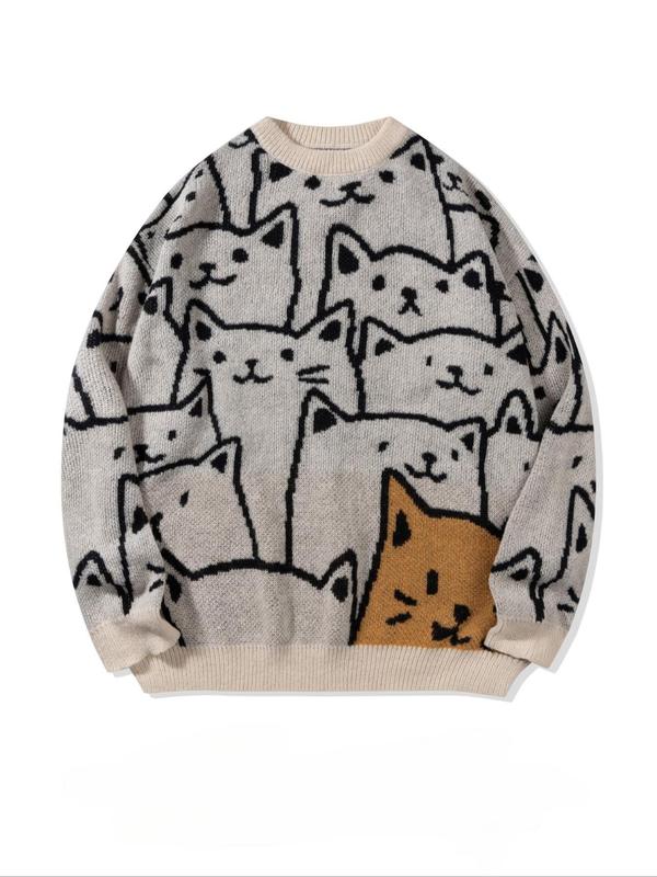 Men's All Over Cat Print Drop Shoulder Sweater, Cute Casual Long Sleeve Round Neck Jumper for Spring & Fall, Fashion Men's Knitwear Tops for Daily Wear, Winter Sweater for Men