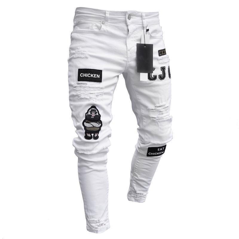 White Embroidery Skinny Ripped Jeans Men Cotton Stretchy Hole Slim Fit Hip Hop Denim Pants Casual Jeans for Men Jogging Trousers