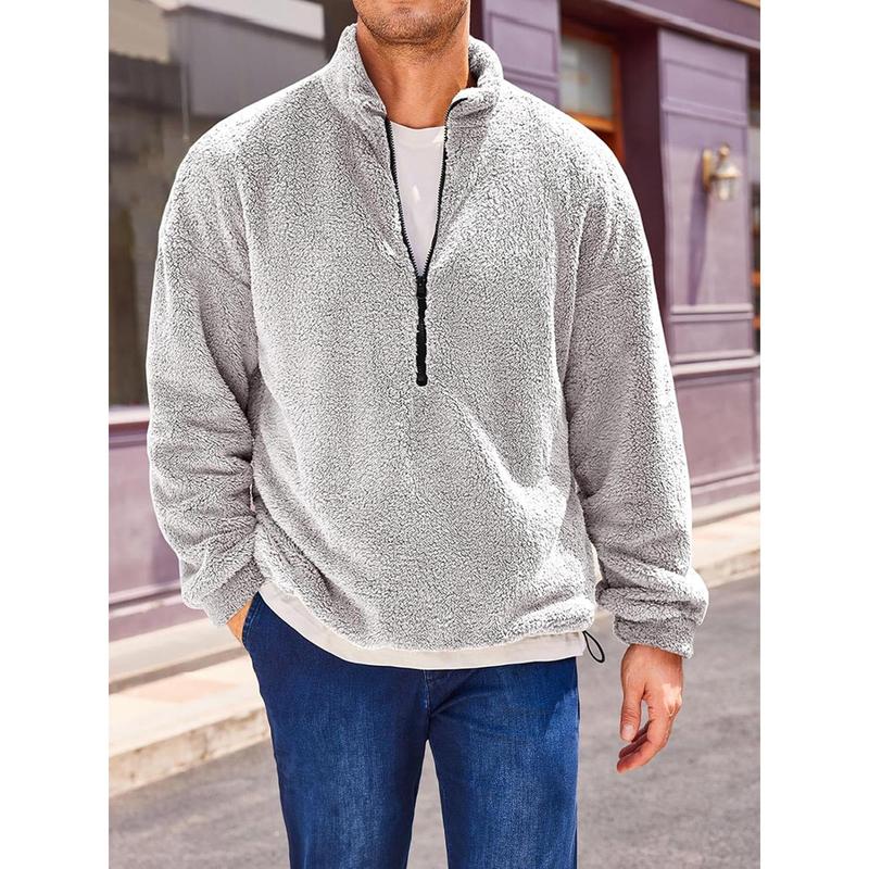 Men's Fleece Quarter Zip Pullover, Mature Style, Polyester Knitted Fabric, Stand Collar, Long Sleeves, High Elasticity, Solid Color, Slim Design, Lined with Lambswool, Suitable for All Seasons