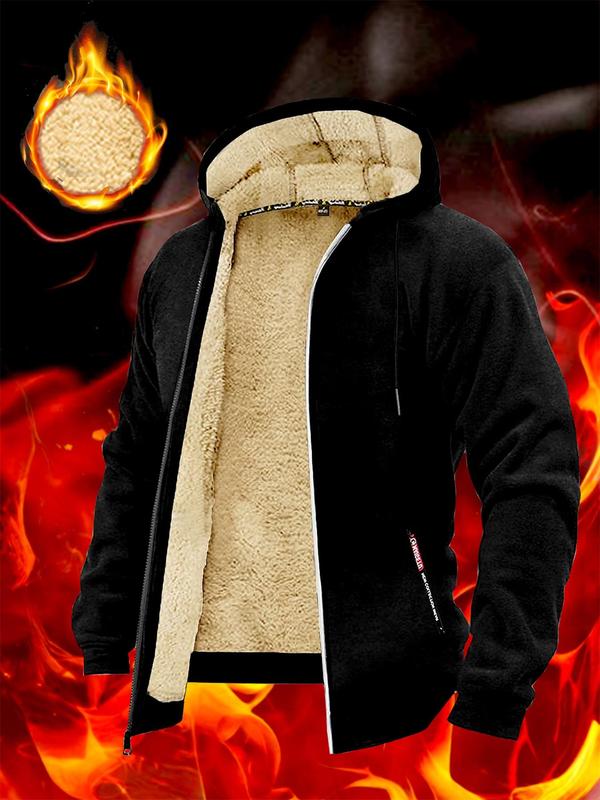 Men's Regular Fit Solid Pocket Drawstring Zip Up Hooded Jacket, Casual Long Sleeve Thermal Lined Outerwear for Fall & Winter, Men's Fleece-lined Clothes for Fall and Winter