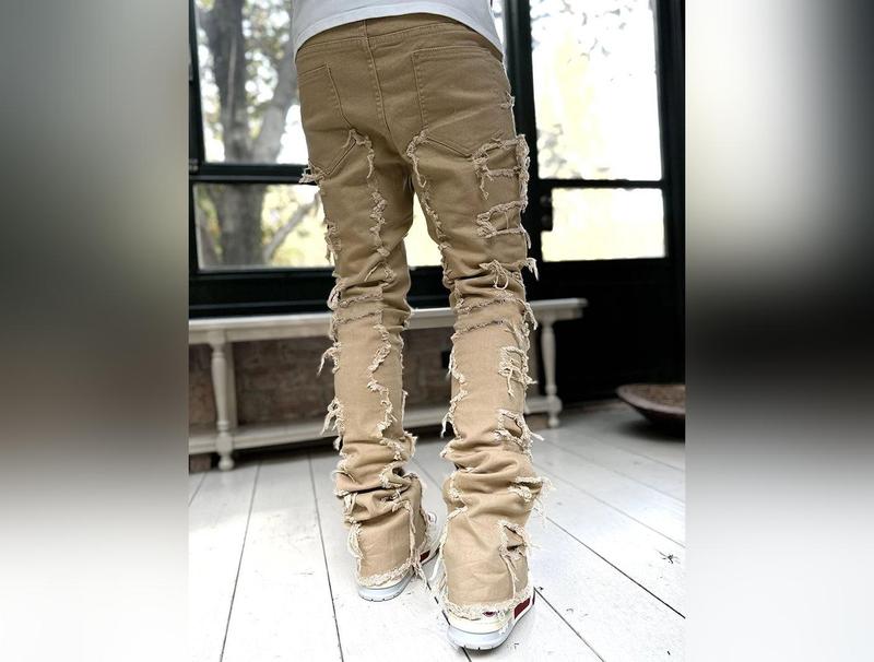 Men Trousers Individual Patched Pants Long Tight Fit Stacked Jeans For Mens Clothing