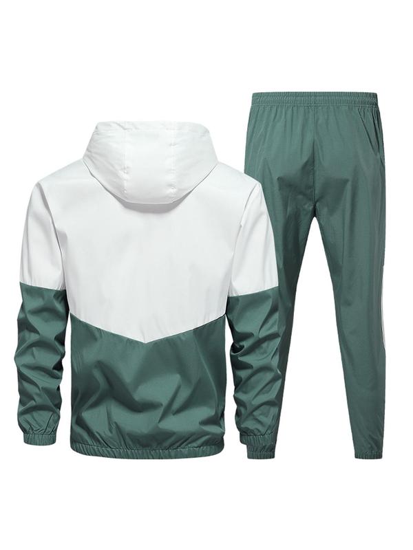 Men's Colorblock Zip Up Hooded Jacket & Drawstring Waist Sweatpants Two-piece Set, Casual Regular Fit Long Sleeve Hooded Outerwear & Jogger Pants for Fall & Winter, Men's Two-piece Outfits for Daily Wear