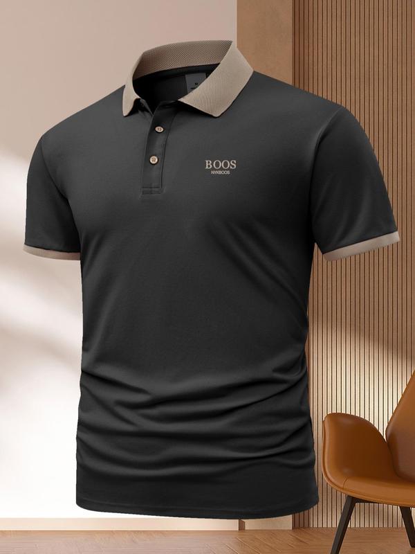 Men's Contrast Binding Short Sleeve Polo Shirt, Regular Fit Casual Button Front Collared Top for Summer,  Mens Clothing, Fashion Men's Clothes for Daily Wear