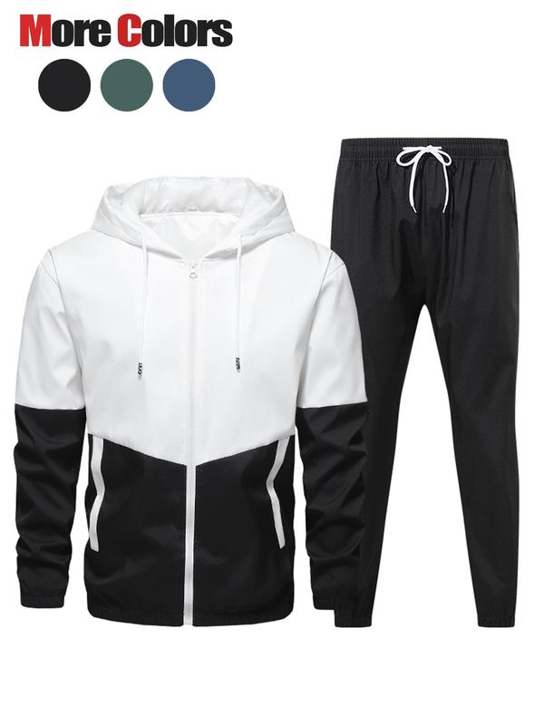 Men's Colorblock Zip Up Hooded Jacket & Drawstring Waist Sweatpants Two-piece Set, Casual Regular Fit Long Sleeve Hooded Outerwear & Jogger Pants for Fall & Winter, Men's Two-piece Outfits for Daily Wear