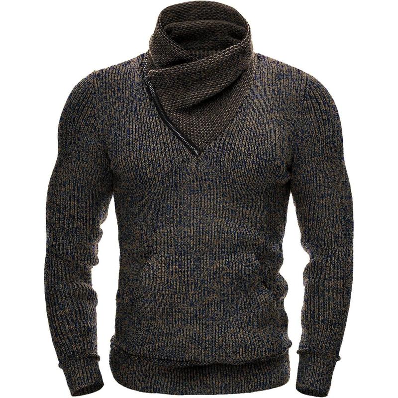 Men's Knitted Turtleneck Pullover Shawl Collar Sweaters Slim Fit High Neck Hoodies with Pockets