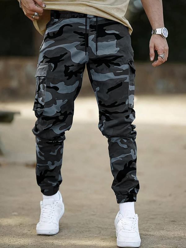 Men's Regular Fit Camo Print Patched Drawstring Cargo Pants, Casual Pocket Elastic Waist Trousers for Daily Wear, Pants for Men, Fall Clothes, Casual Men's Bottoms for All Seasons