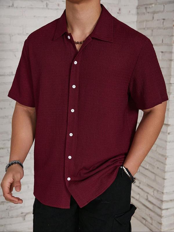 Men's Solid Button Front Shirt, Casual Short Sleeve Collared Top, Polo Collar Shirt, Summer Outfits, Fashion Streetwear Men's Summer Clothes for Daily Wear Back To School, Shirts for Men, Men's Tops, Menswear, Going Out Outfits 2024