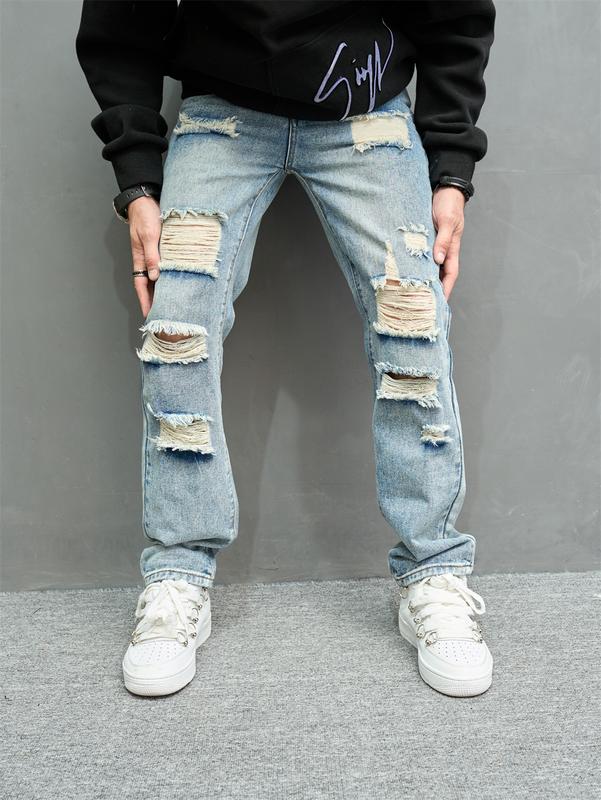 Men High Street Stylish HipHop Holes Loose Straight Jeans Trousers Vintage Male Ripped Cotton Casual Denim Pants