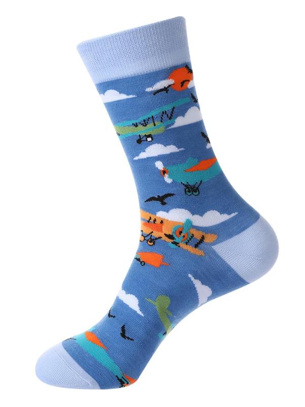 Men's Random Cartoon Print Crew Socks, Casual Comfortable Breathable Mid-calf Socks for Daily Wear, Men's Socks for All Seasons