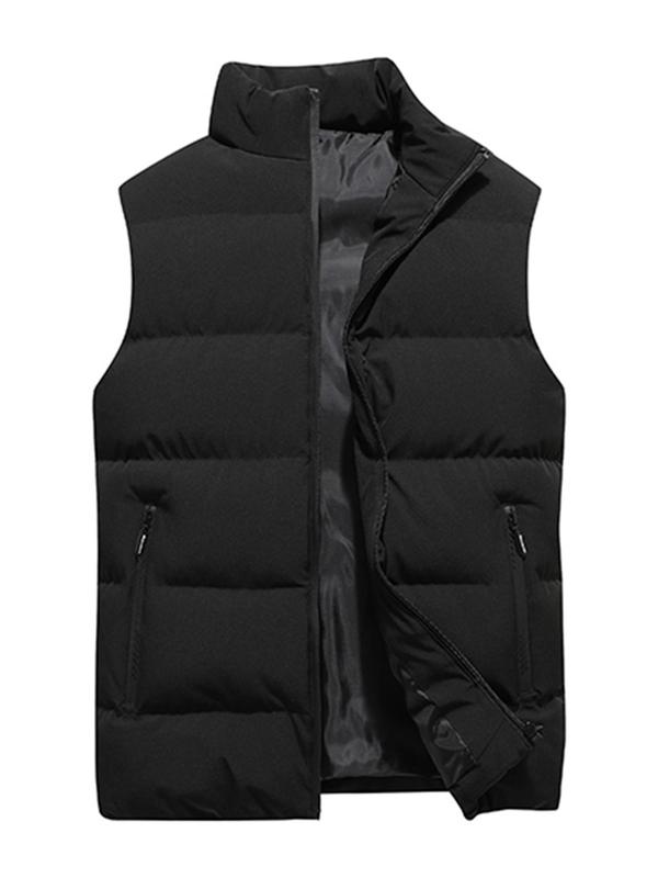 Men's Solid Zip Up Pocket Vest Coat, Loose Casual Thermal Lined Sleeveless Outerwear for Fall & Winter, Men's Clothes for Daily Wear