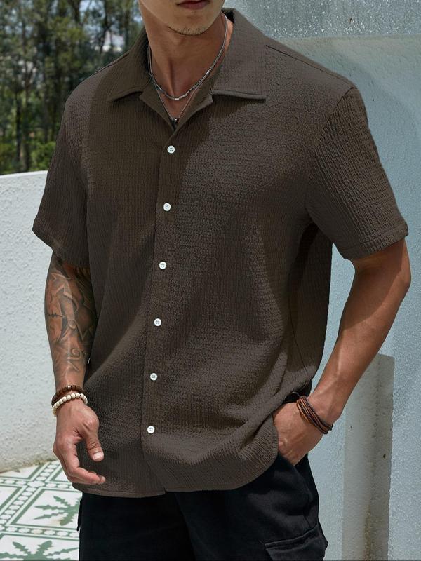 Men's Solid Button Front Shirt, Casual Short Sleeve Collared Top, Polo Collar Shirt, Summer Outfits, Fashion Streetwear Men's Summer Clothes for Daily Wear Back To School, Shirts for Men, Men's Tops, Menswear, Going Out Outfits 2024