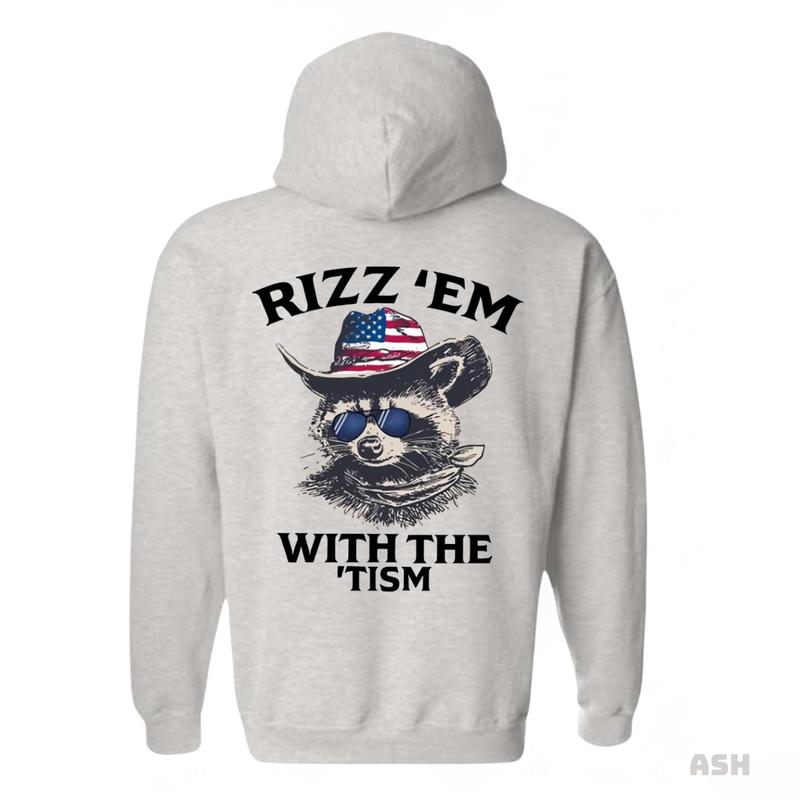 Rizz 'Em With The 'Tism Hoodie - Featuring a raccoon wearing an American cowboy hat and sunglasses, bringing a fun and unique style, perfect for outdoor parties and casual events, providing comfort and style. Unisex.