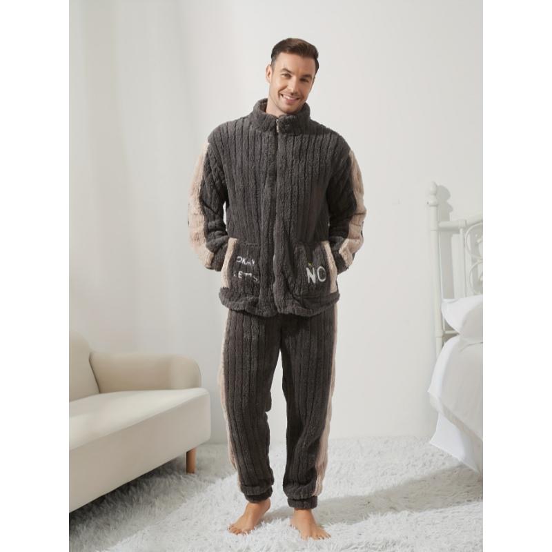 2 Pcs Men's Trendy Embroidered Detail Stand Collar Thick Soft Long Sleeve & Trousers Pajama Set, Comfortable & Skin-friendly Style Men's Cozy Loungewear  Fabric Menswear