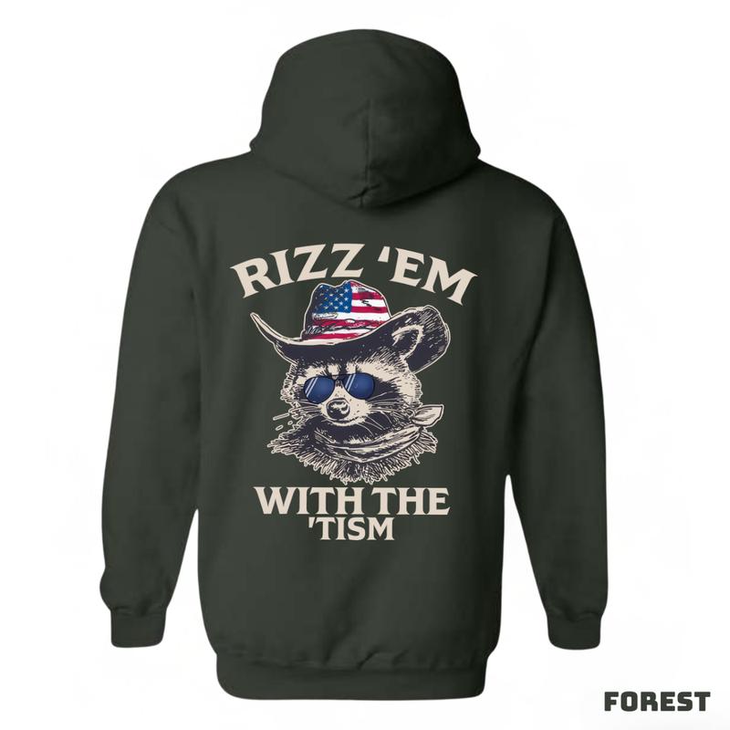 Rizz 'Em With The 'Tism Hoodie - Featuring a raccoon wearing an American cowboy hat and sunglasses, bringing a fun and unique style, perfect for outdoor parties and casual events, providing comfort and style. Unisex.