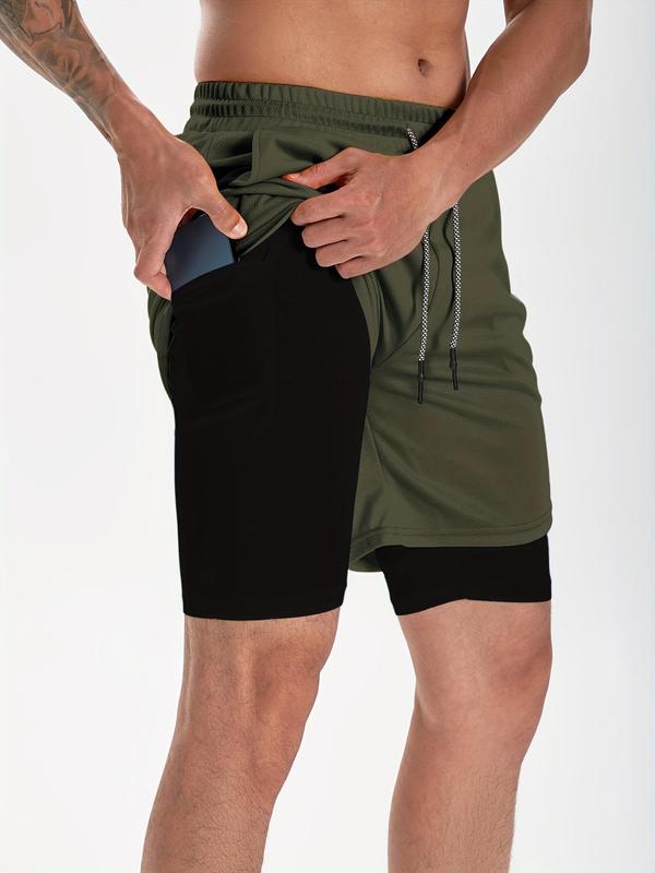 Men's Simple Plain 2 in 1 Drawstring Shorts, Casual Shorts with Towel Loop & Phone Pockets, Back To School Outfits, Summer Shorts for Outdoor Workout Gym, Shorts for Men, Summer Clothes, Going Out Outfit, Menswear