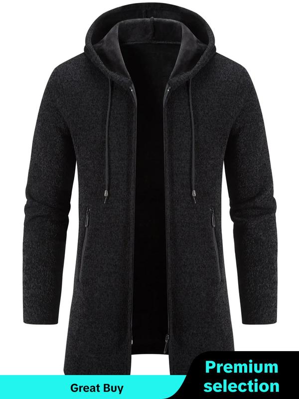 Men's Regular Fit Solid Pocket Drawstring Zip Up Hooded Cardigan, Casual Long Sleeve Zip Front Outerwear for Fall & Winter, Men's Knitwear for Daily Wear