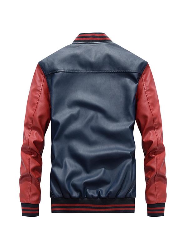 Men's Pu Leather Bomber Jacket, Streetwear, Colorblock Letter Embroidery Pocket Zipper Jacket, Casual Street Preppy Jackets & Outerwear, Jackets for Men 2024, Winter Western Clothes, Men Clothes