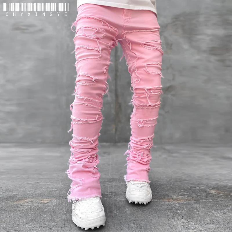 Men's Regular Fit Stacked Jeans Ripped Slim Fit Patch Distressed Destroyed Straight Denim Pants Hip Hop Streetwear Trouser Cloth