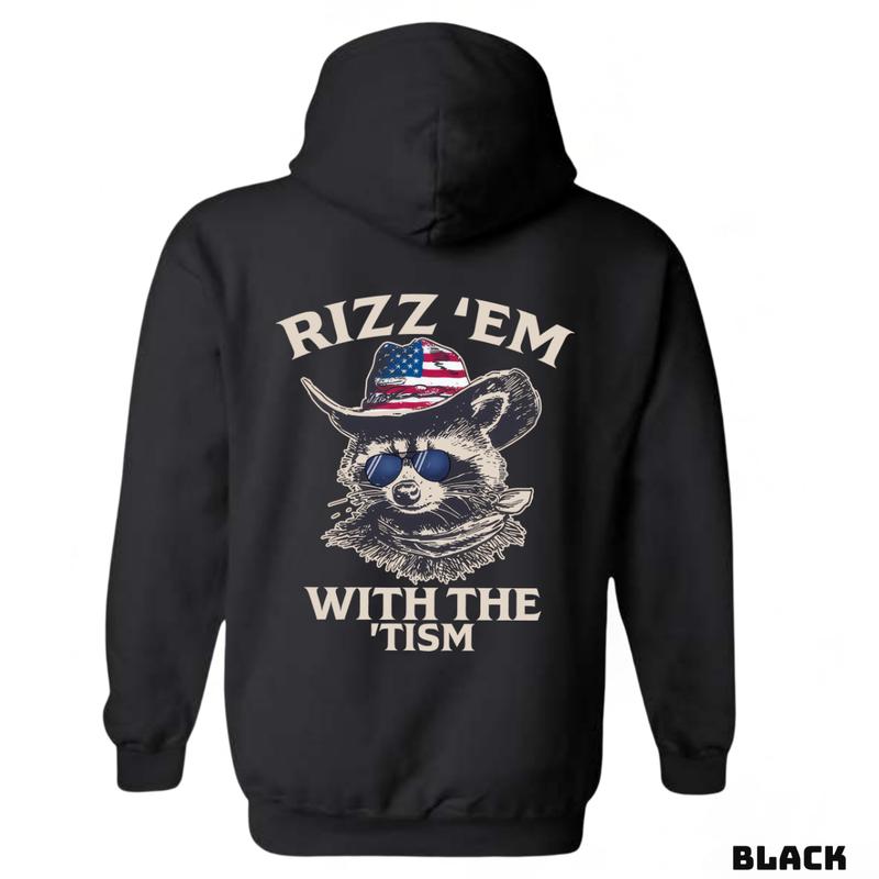 Rizz 'Em With The 'Tism Hoodie - Featuring a raccoon wearing an American cowboy hat and sunglasses, bringing a fun and unique style, perfect for outdoor parties and casual events, providing comfort and style. Unisex.