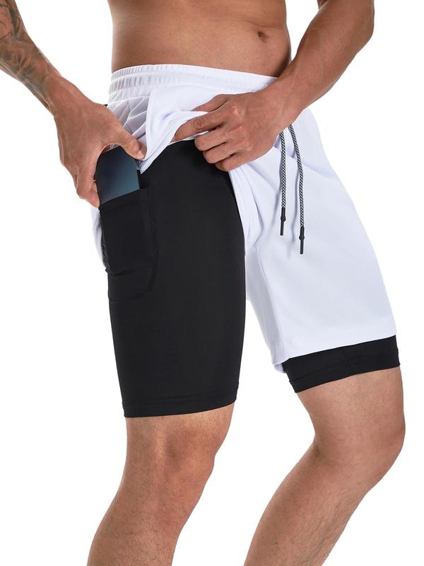 Men's Simple Plain 2 in 1 Drawstring Shorts, Casual Shorts with Towel Loop & Phone Pockets, Back To School Outfits, Summer Shorts for Outdoor Workout Gym, Shorts for Men, Summer Clothes, Going Out Outfit, Menswear