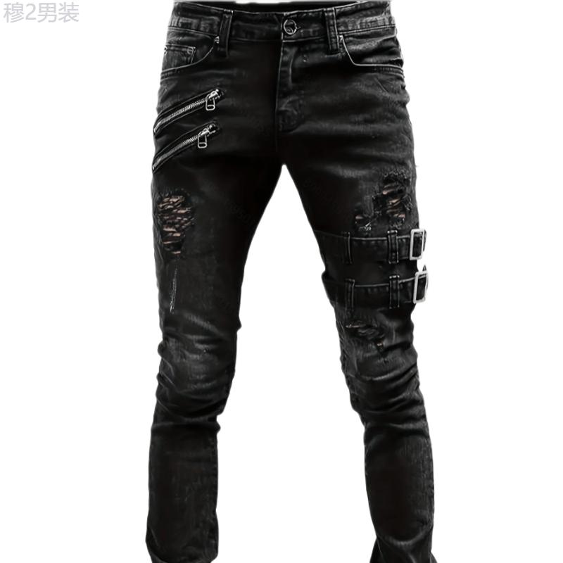 Medium Stretch Men's Chic Skinny Biker Jeans, Casual Street Style Denim Pants Menswear Spandex