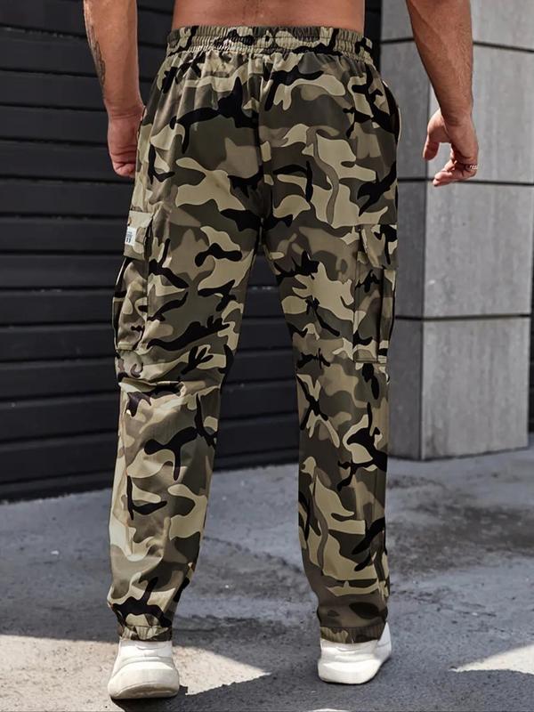 Men's Regular Fit Camo Print Patched Drawstring Cargo Pants, Casual Pocket Elastic Waist Trousers for Daily Wear, Pants for Men, Fall Clothes, Casual Men's Bottoms for All Seasons