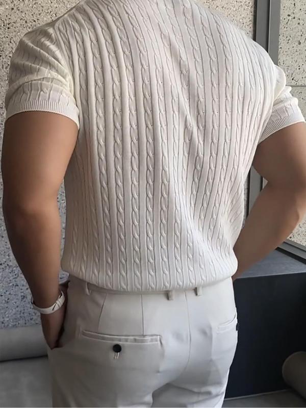 Men's Plain Round Neck Cable Knit Tops, Knit Sweater, Slim Casual Streetwear Short Sleeve Crew Neck Knitwear Top, Summer Clothes, Soft Classic Knitting Tops, Casual Wear 2024, Men's Clothes