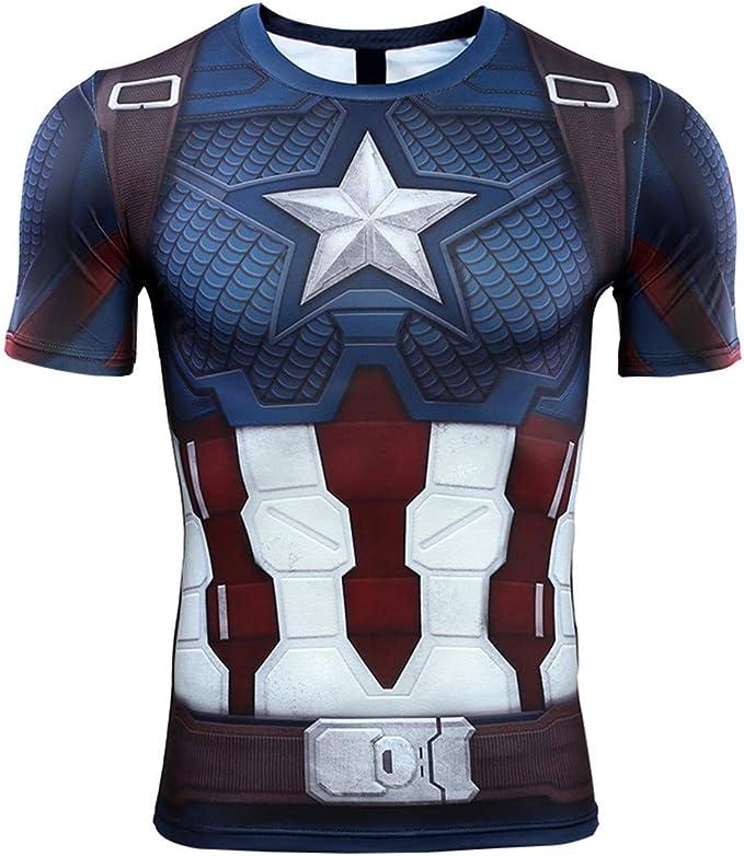 3D Super Hero Quick-Drying Elastic Compression Sport Cosplay Short  Long Sleeves T-Shirt Casual Menswear Clothes Costumes (Captain Style) Gamis Bestie