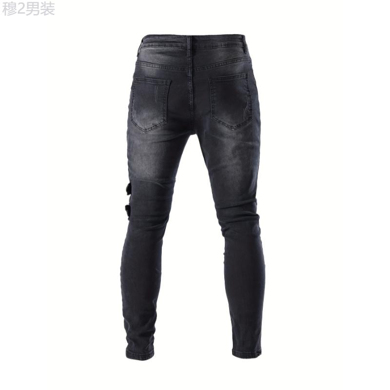 Medium Stretch Men's Chic Skinny Biker Jeans, Casual Street Style Denim Pants Menswear Spandex