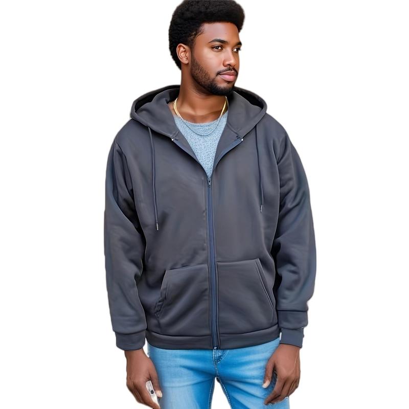 2024Plus Size Men's Oversized Solid Hooded Jacket with Zipper - Fall Winter Warmthdandy