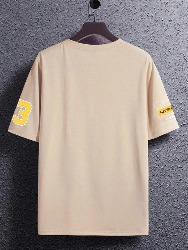 Men's Letter & Number Print Drop Shoulder Tee, Regular Fit Casual Fashion Soft Comfy Half Sleeve Round Neck T-shirt for Summer, Menswear for Daily Wear