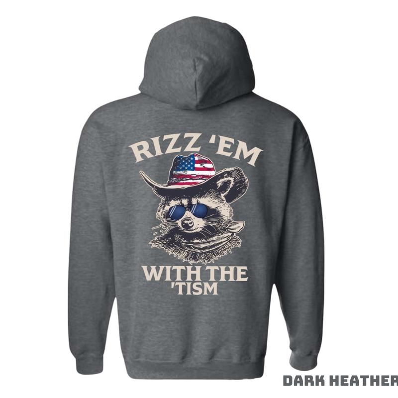 Rizz 'Em With The 'Tism Hoodie - Featuring a raccoon wearing an American cowboy hat and sunglasses, bringing a fun and unique style, perfect for outdoor parties and casual events, providing comfort and style. Unisex.