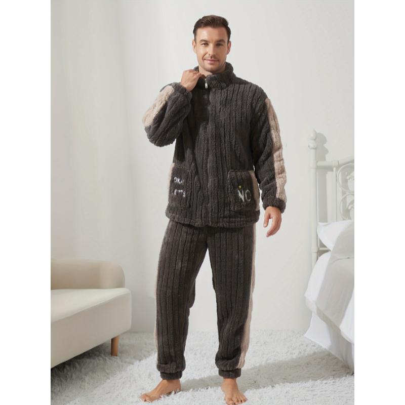 2 Pcs Men's Trendy Embroidered Detail Stand Collar Thick Soft Long Sleeve & Trousers Pajama Set, Comfortable & Skin-friendly Style Men's Cozy Loungewear  Fabric Menswear