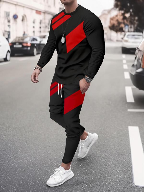 Two-Piece Set Men's Geometric Print Tee & Drawstring Waist Sweatpants, Regular Fit Casual Long Sleeve Round Neck Top & Elastic Waist Pocket Pants for Fall & Winter, Men's Two-piece Outfits for Daily Wear